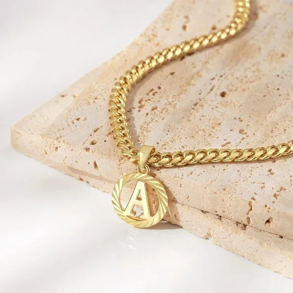 Gold Initial Necklace,14K Gold Plated Round Letter Pendant Hollow Capital Monogr - Picture 7 of 7